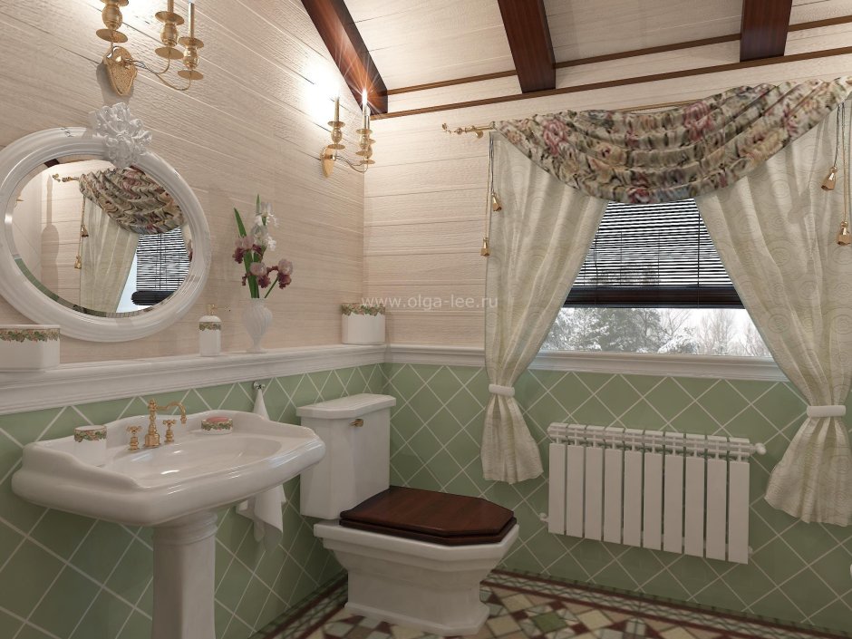 Интерьер ванной комнаты с душевой кабиной в срубовом доме