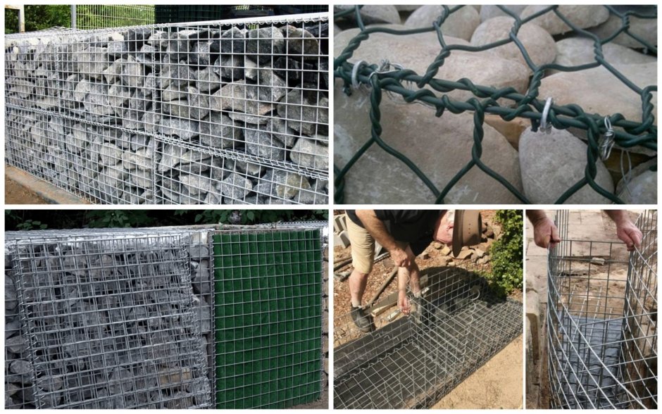 Забор из сетки и камня ступеньки