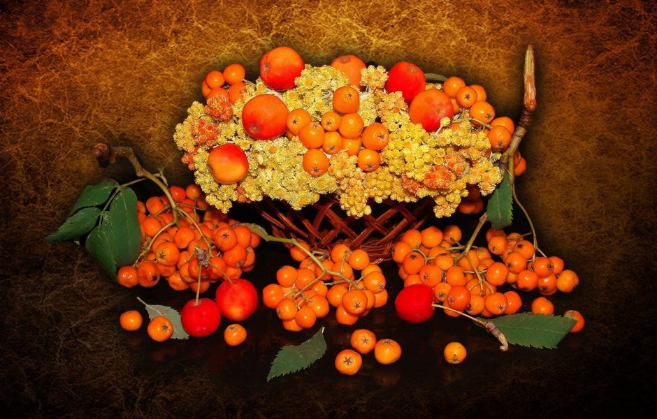 Открытки букет из рябины, фруктов и цветов тыква