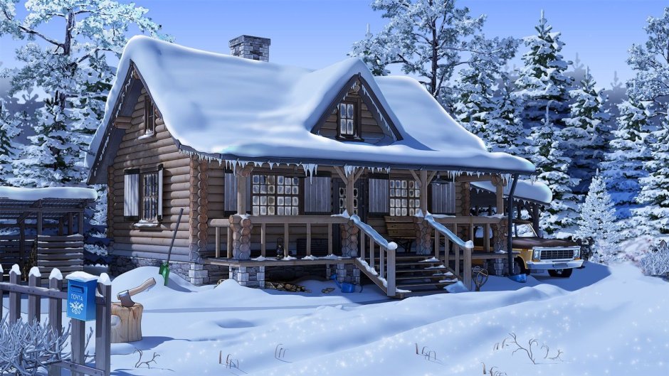 Бревенчатый дом зимой