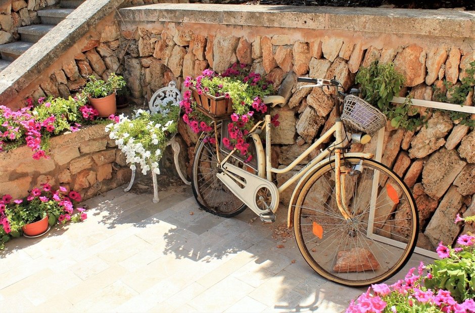 Композиции с цветами и велосипедом в городе