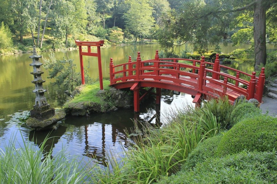 Японский сад зигзагообразный мост