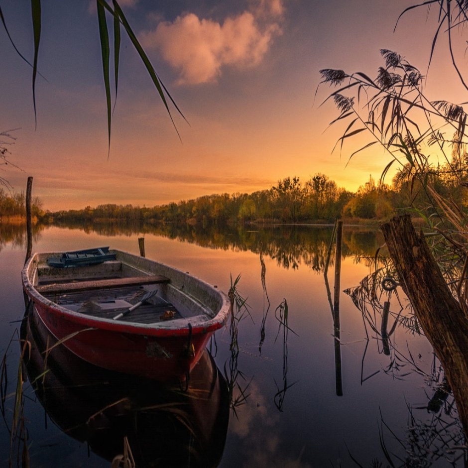 Осень озеро солнце лодка