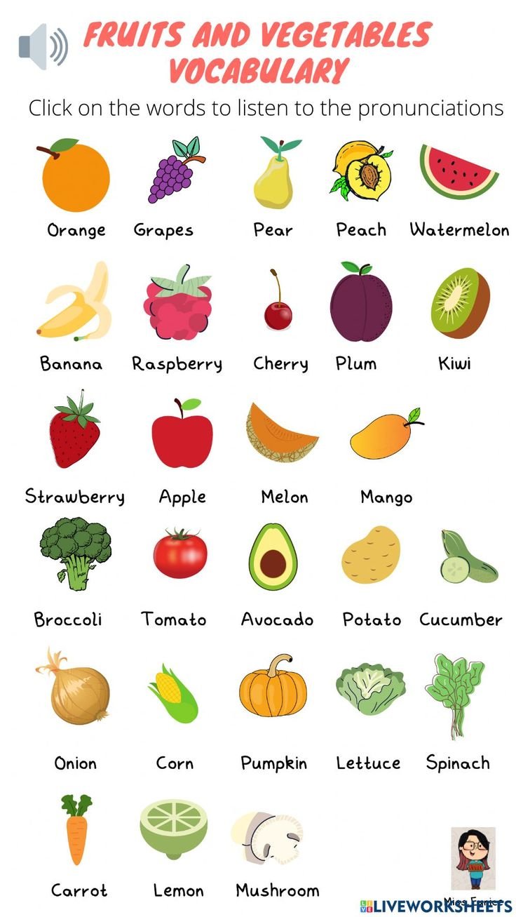 Фрукты и овощи на английском для детей