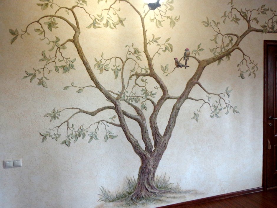 Роспись стен деревья в интерьере