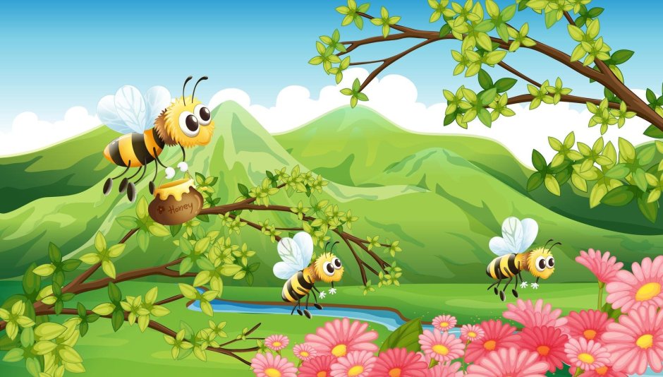 Поляна с цветами и пчелками