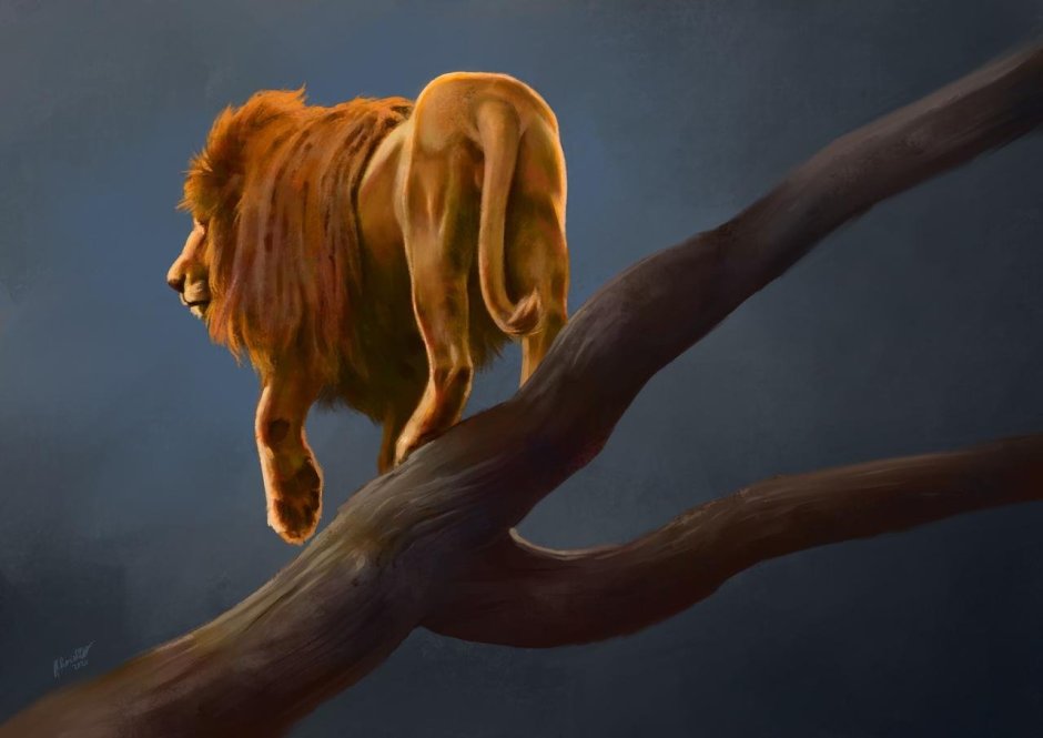 Испуганный Лев на дереве