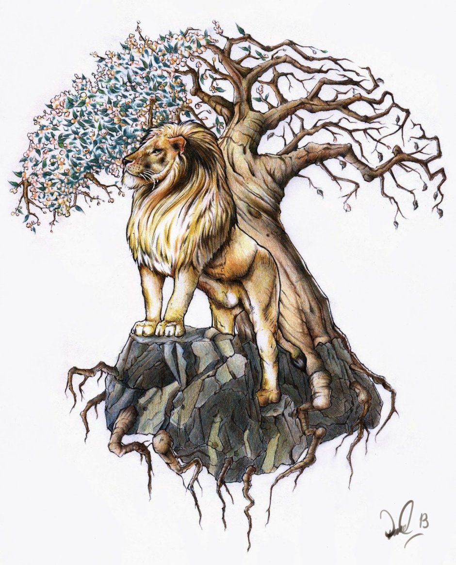 Тату Лев и дерево