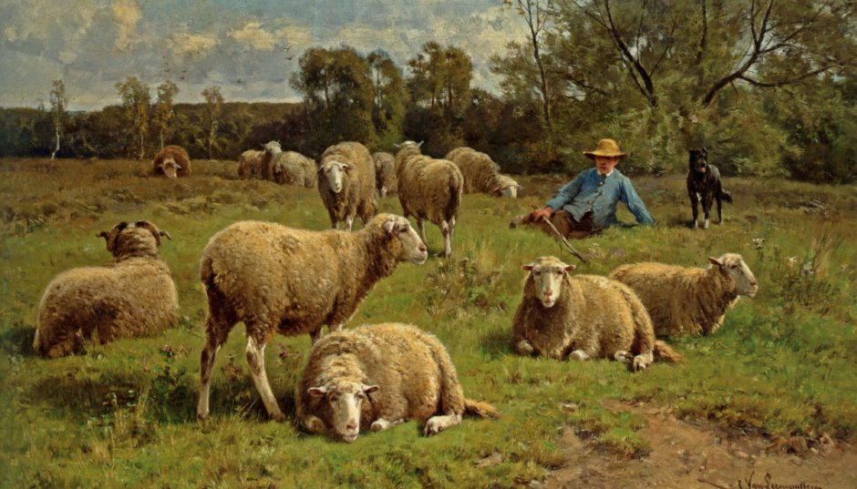 Живопись пастух и овцы Англия