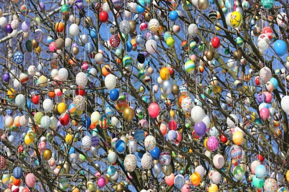 Украшение деревьев яйцами в Германии Пасха