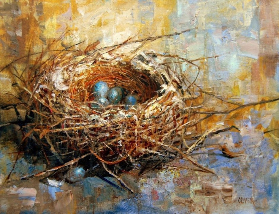 Птицы в гнезде живопись