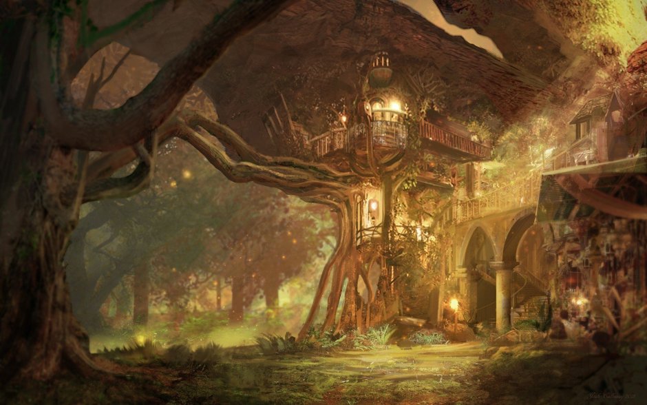 Эльфийский дворец в лесу фэнтези арт