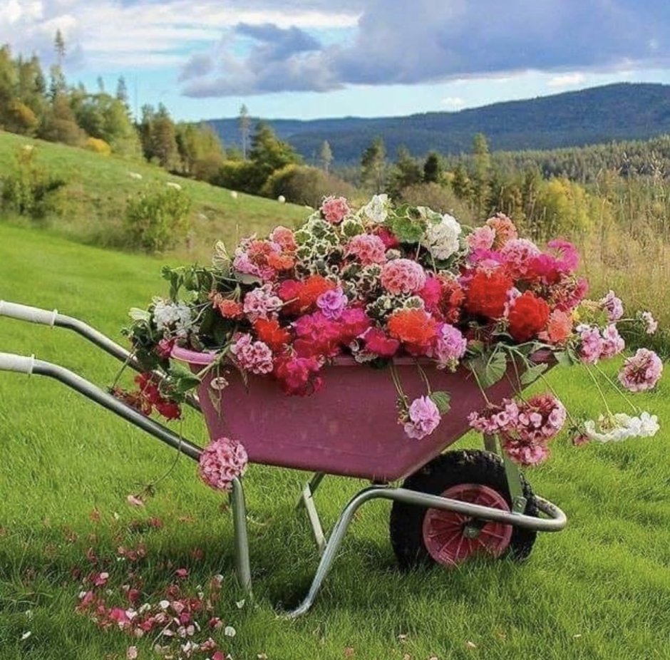 Садовый декор тележка с цветами