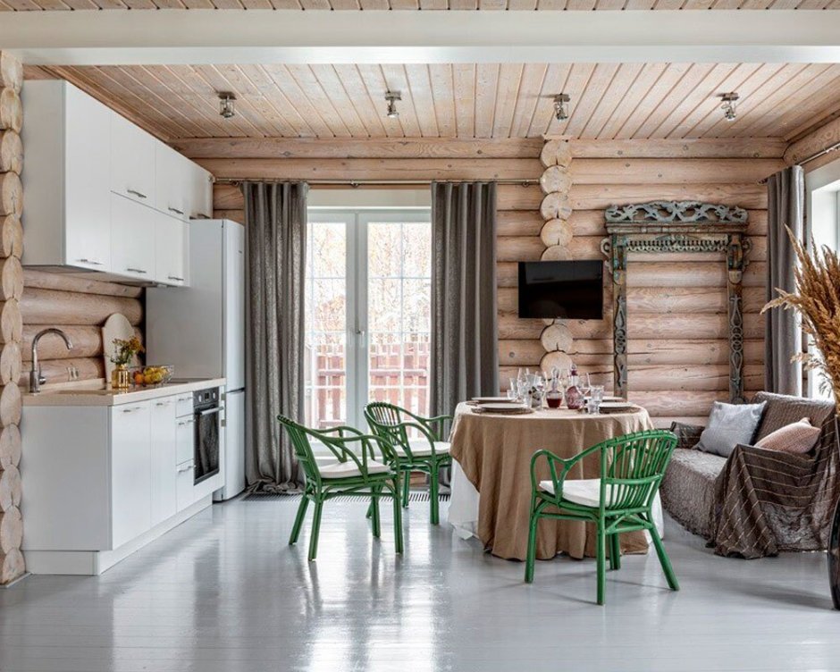Кухня-гостиная 30м2 деревянный дом Сканди стиль