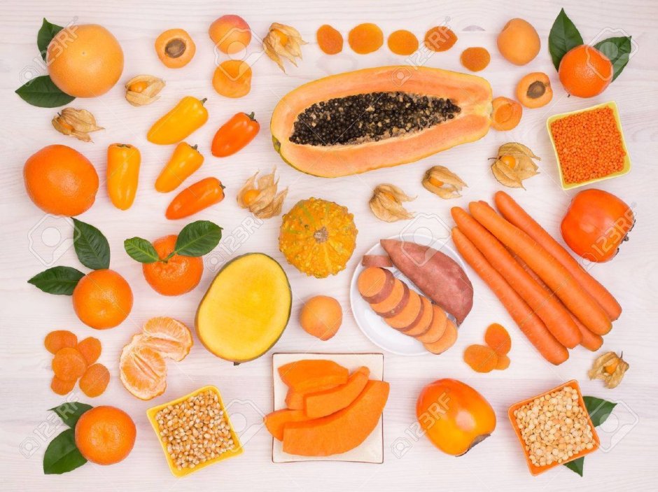 Желтые и оранжевые фрукты и овощи