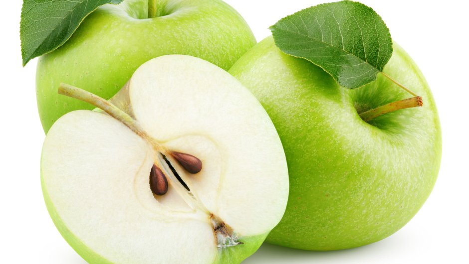 Зеленое яблоко на белом фоне